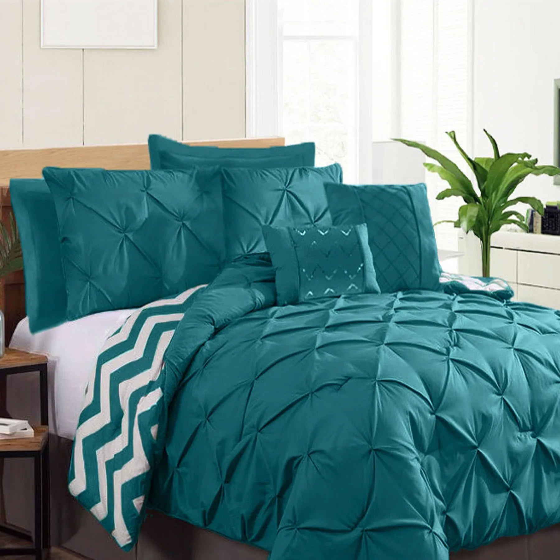 Ramesses 7 Piece Pinch Pleat Comforter Set Teal Queen - Mekamart Australia