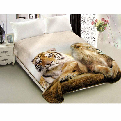 800GSM Luxury Reversible Animal Pattern Mink Blanket Queen 200 x 240 cm Lion Tiger Brown - Mekamart Australia
