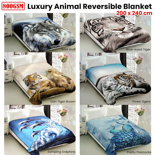 800GSM Luxury Reversible Animal Pattern Mink Blanket Queen 200 x 240 cm Pretty Peacock Blue - Mekamart Australia