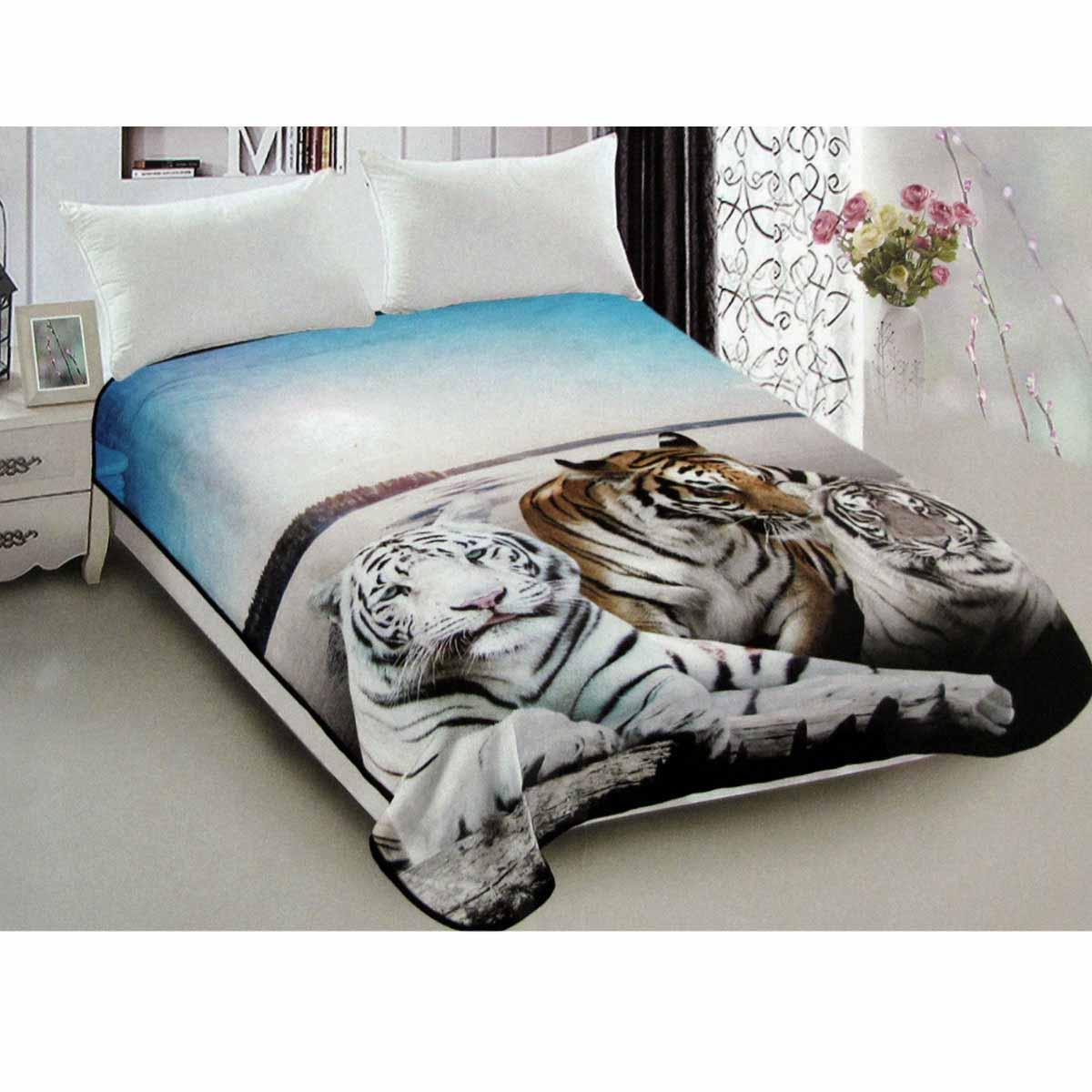800GSM Luxury Reversible Animal Pattern Mink Blanket Queen 200 x 240 cm Three Tigers Blue - Mekamart Australia