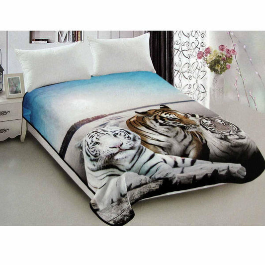 800GSM Luxury Reversible Animal Pattern Mink Blanket Queen 200 x 240 cm Three Tigers Blue - Mekamart Australia