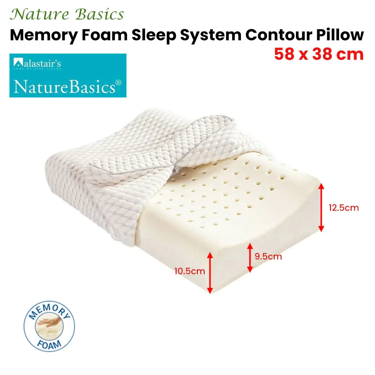 Alastairs Nature Basics Memory Foam Contour Standard Pillow 38 x 58cm - Mekamart Australia