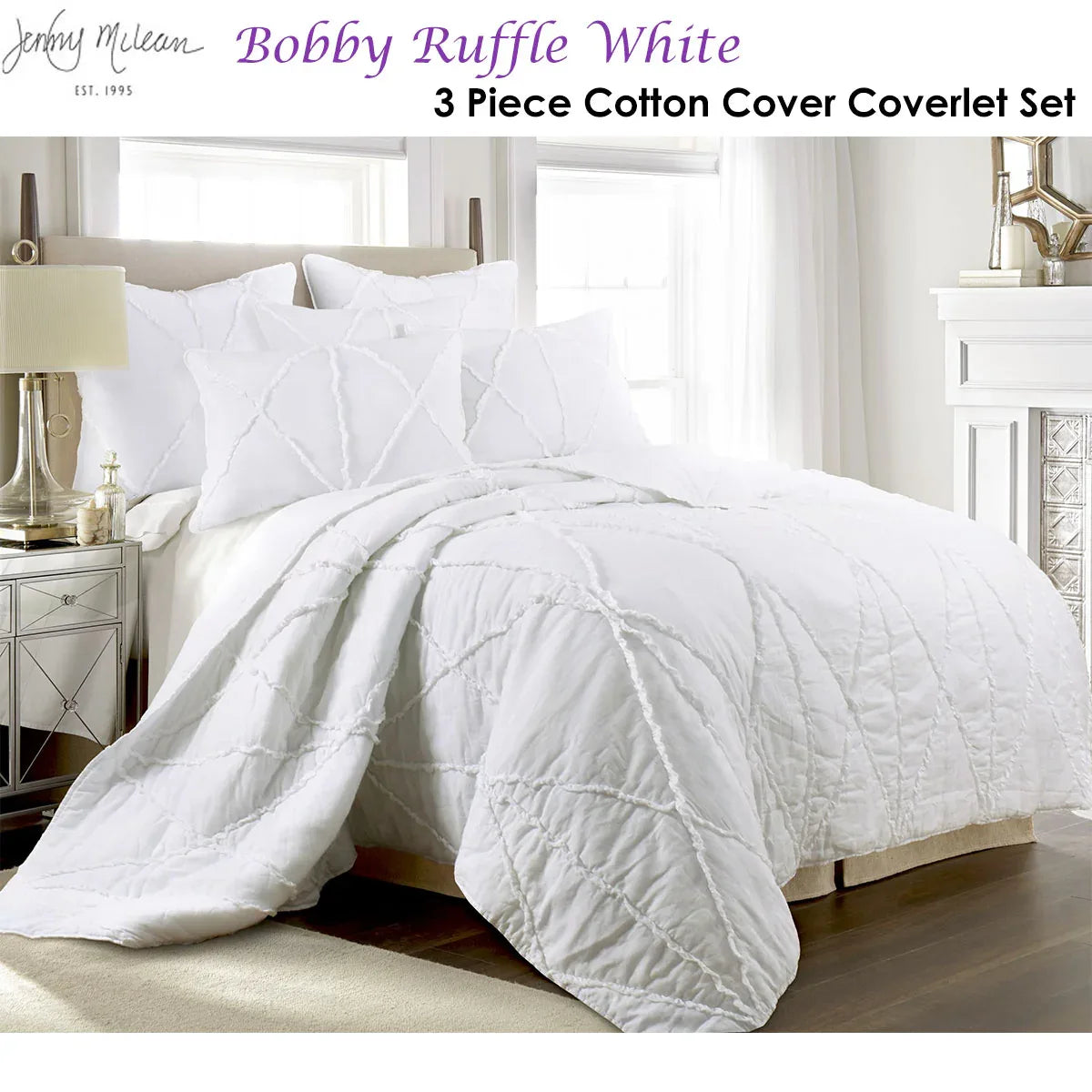 Jenny Mclean Bobby Ruffle White 3 Piece Coverlet Set Super King - Mekamart Australia
