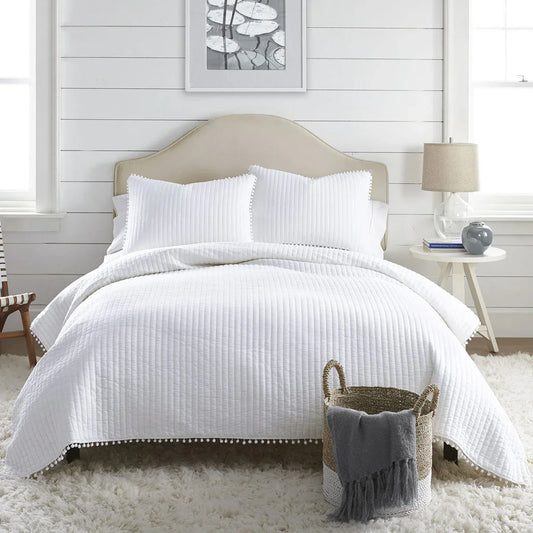 Jenny Mclean Clavo Pompom White 3 Piece 100% Cotton Coverlet Set King - Mekamart Australia