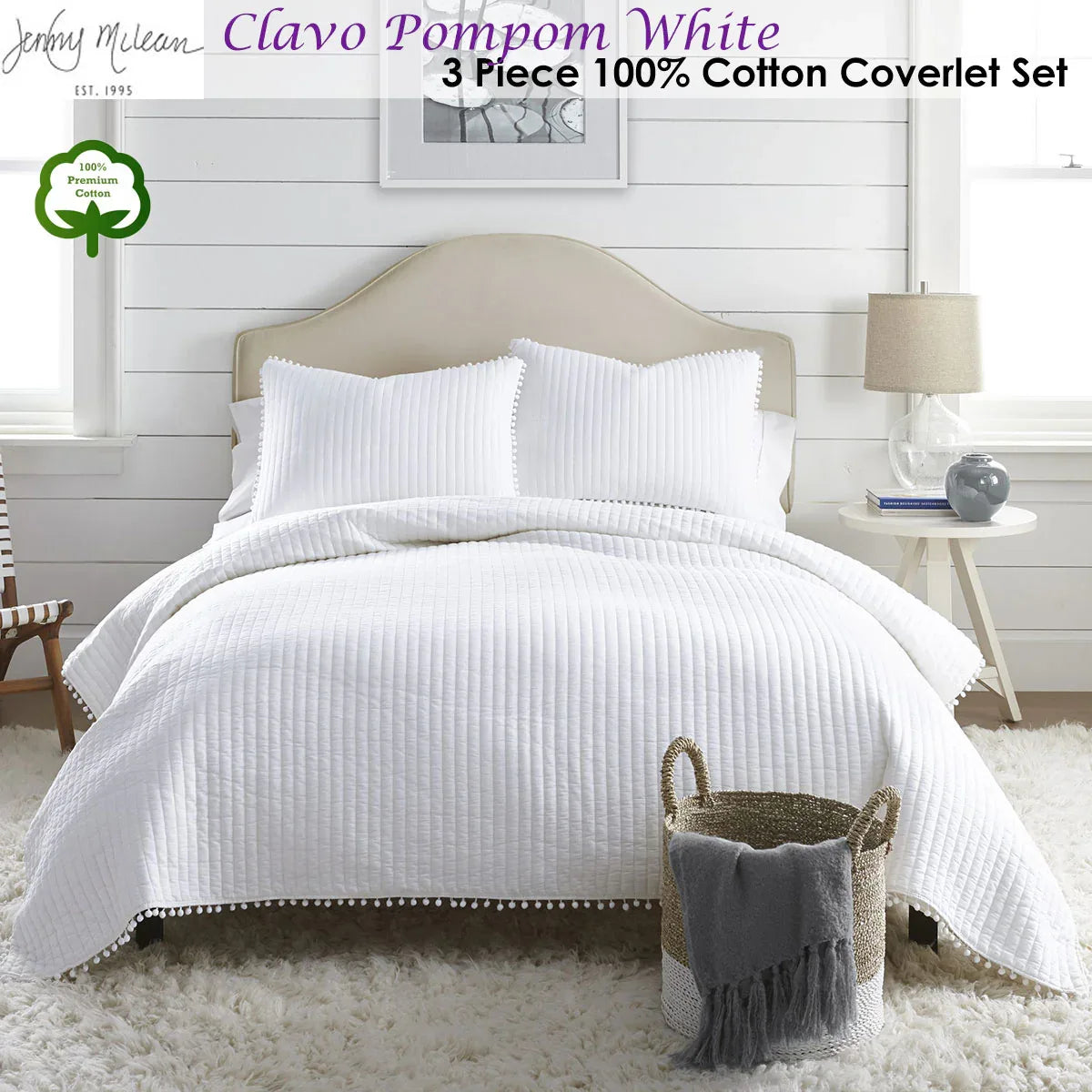 Jenny Mclean Clavo Pompom White 3 Piece 100% Cotton Coverlet Set King - Mekamart Australia