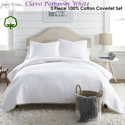 Jenny Mclean Clavo Pompom White 3 Piece 100% Cotton Coverlet Set King - Mekamart Australia