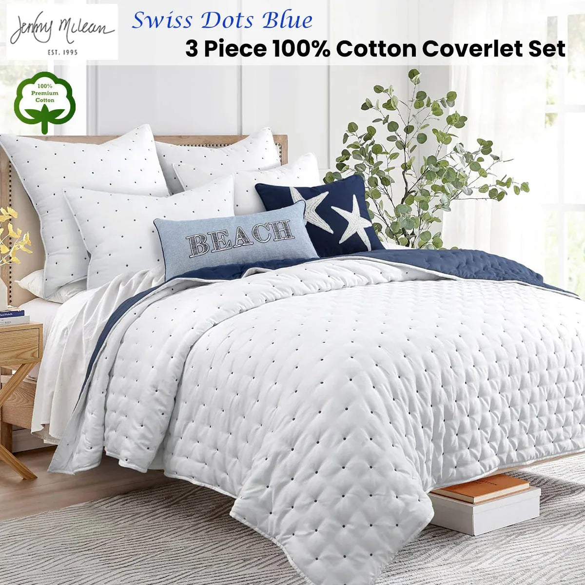 Jenny Mclean Swiss Dots Blue 3 Piece Coverlet Set King - Mekamart Australia
