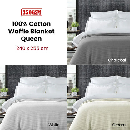 Living @ Home 350gsm 100% Cotton Breathable Waffle Blanket Queen 240 x 255 cm White - Mekamart Australia