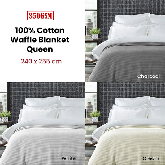 Living @ Home 350gsm 100% Cotton Breathable Waffle Blanket Queen 240 x 255 cm White - Mekamart Australia