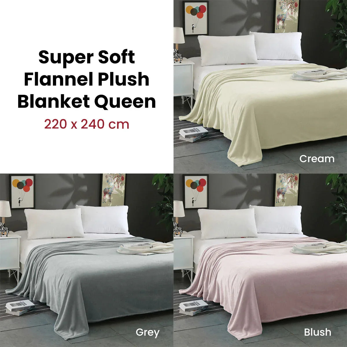 Super Soft Micro Flannel Plush Blanket Queen 220 x 240cm Cream - Mekamart Australia