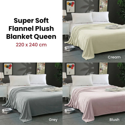 Super Soft Micro Flannel Plush Blanket Queen 220 x 240cm Cream - Mekamart Australia