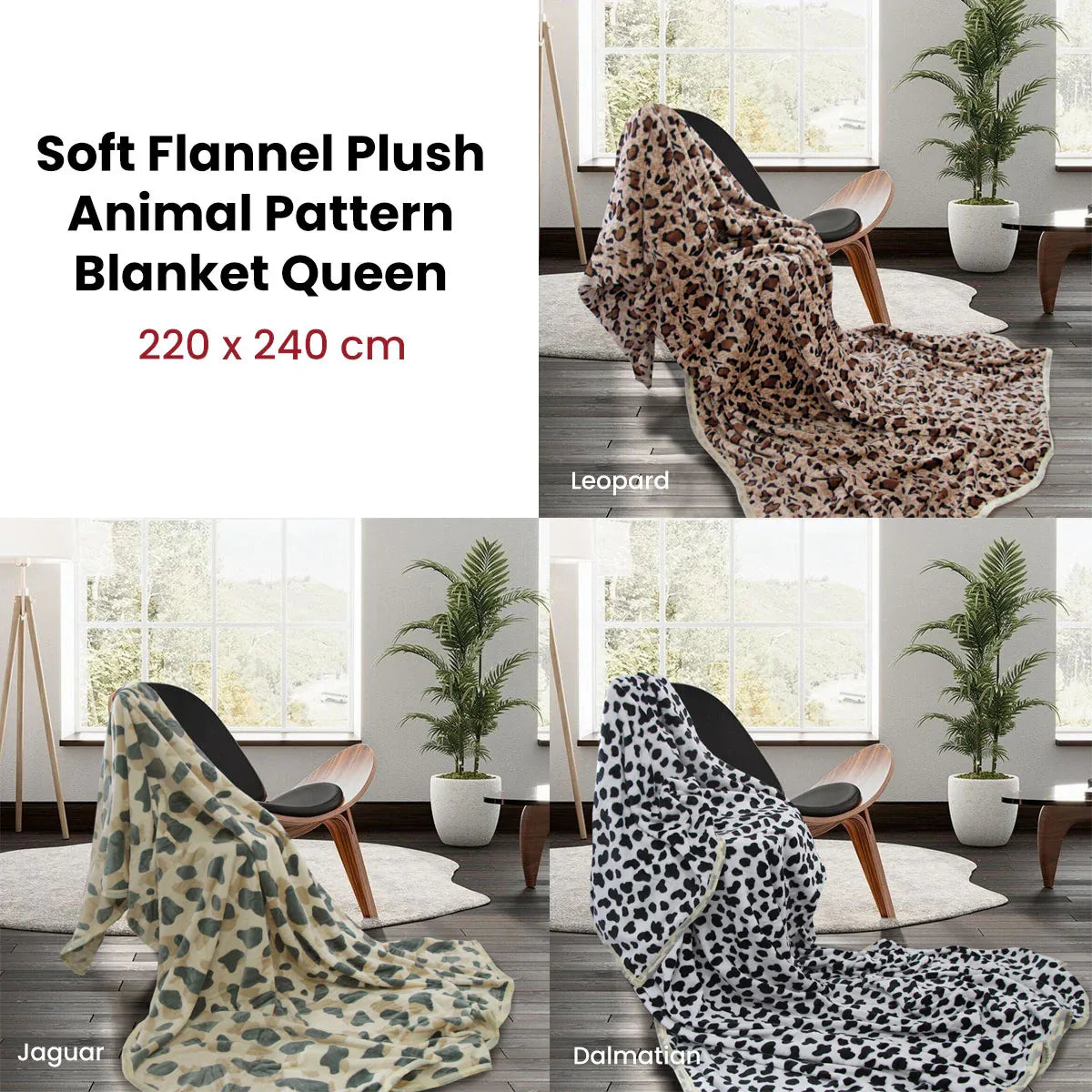 Animal Pattern Soft Flannel Plush Queen Size Blanket 220 x 240cm Jaguar - Mekamart Australia