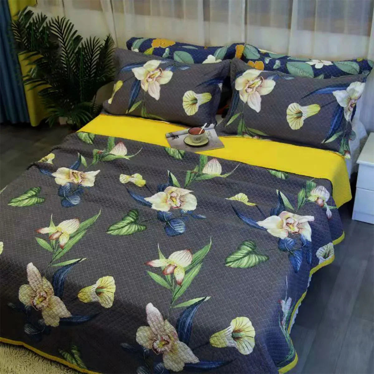 100% Cotton Coverlet Set Embroidered Orchid Queen - Mekamart Australia