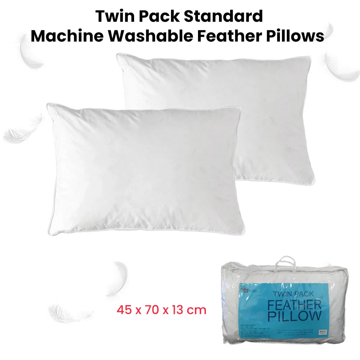 At Home Homewares Pack of 2 Standard Machine Washable Feather Pillows 45 x 70 +13 cm - Mekamart Australia