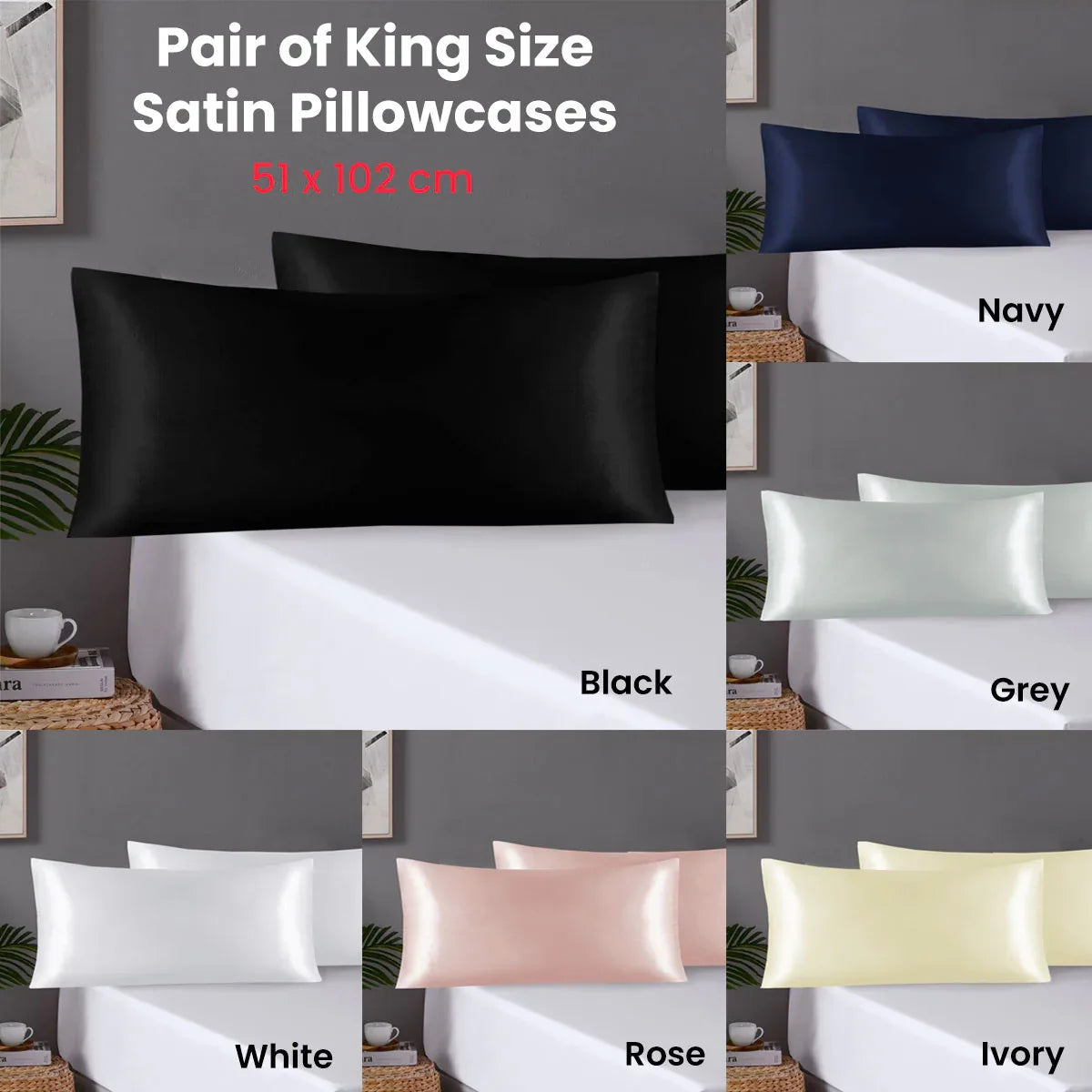 Pair of King Satin Silk Pillowcases with Envelope Closure 51 x 102 cm Ivory - Mekamart Australia
