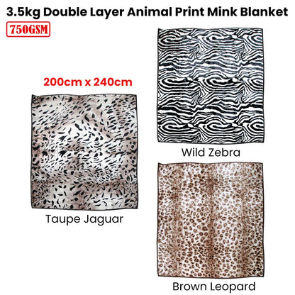 750gsm 3.5kg Double Layer Animal Print Faux Mink Blanket Queen 200x240 cm Taupe Jaguar - Mekamart Australia
