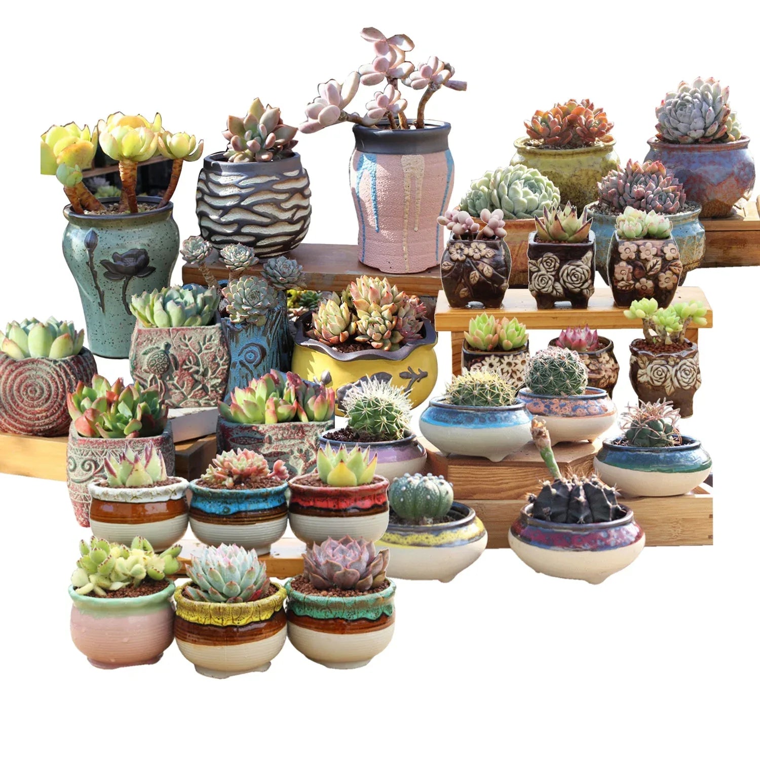 4/5/6 Pots Set Ceramic Clay Pottery Pots Succulent Flower Planter Draining Hole(Style 02# 4 Pots Set) - Mekamart Australia