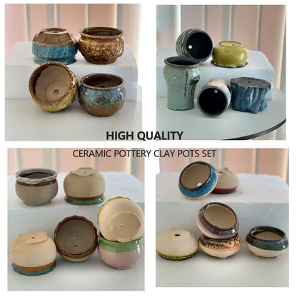 4/5/6 Pots Set Ceramic Clay Pottery Pots Succulent Flower Planter Draining Hole(Style 02# 4 Pots Set) - Mekamart Australia