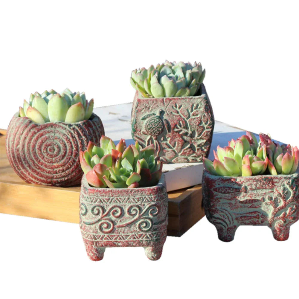 4/5/6 Pots Set Ceramic Clay Pottery Pots Succulent Flower Planter Draining Hole(Style 02# 4 Pots Set) - Mekamart Australia