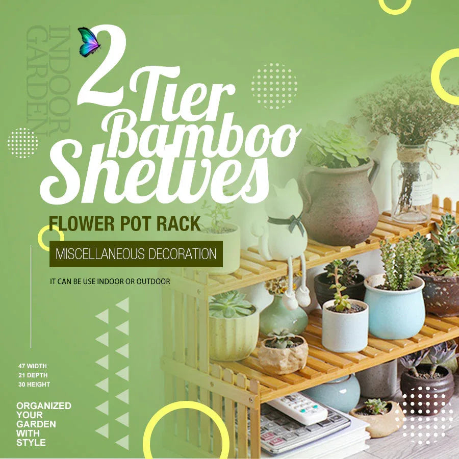 2 Tier Bamboo Plant Stand Shelves Flower Pot Rack Garden Indoor Outdoor Patio - Mekamart Australia