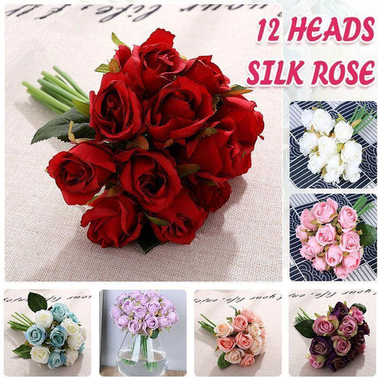 12 Heads Silk Rose Artificial Flowers Fake Bouquet - Purple - Mekamart Australia