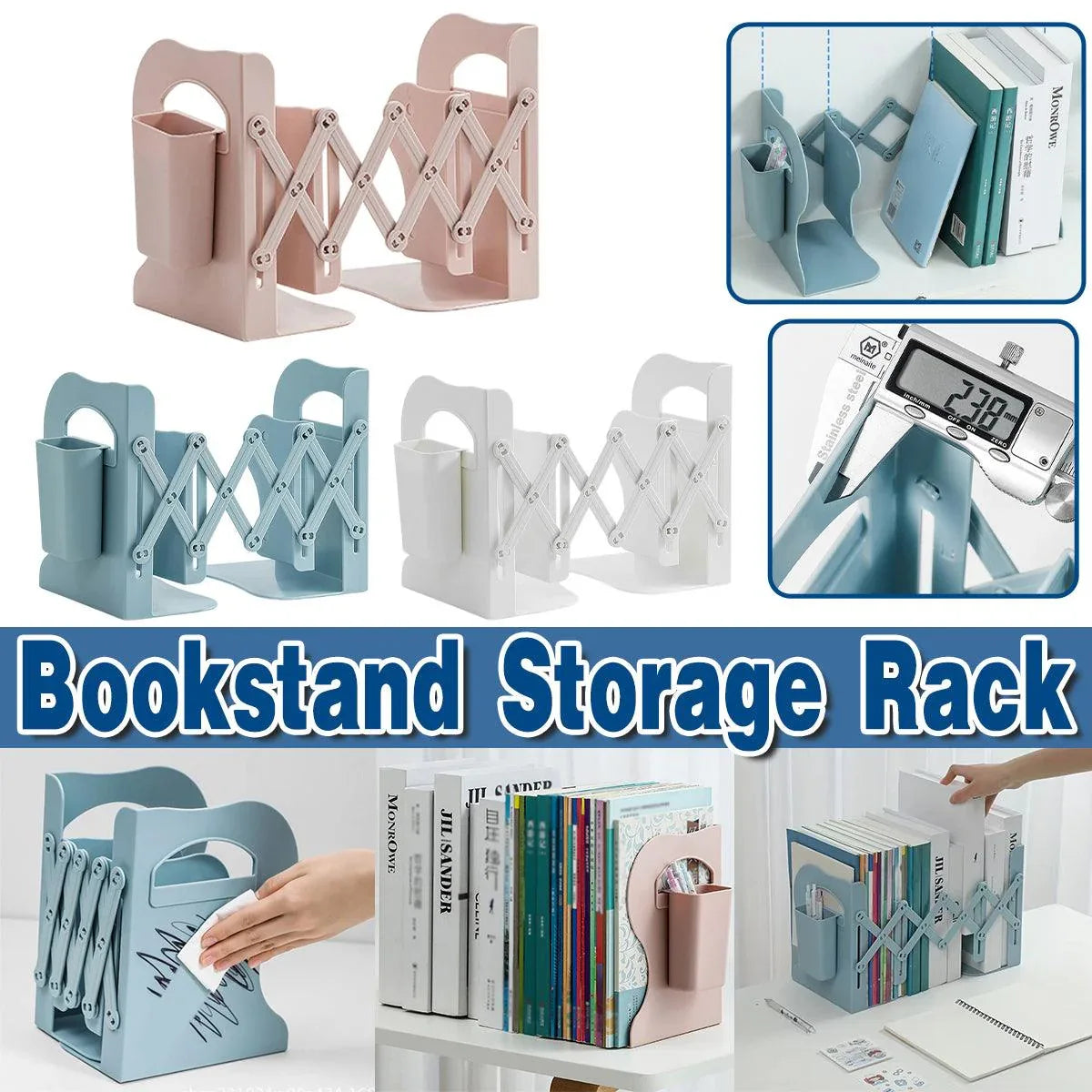 Retractable Book Stand Desk Organizer Adjustable Storage Rack with Pen Holder - White - Mekamart Australia