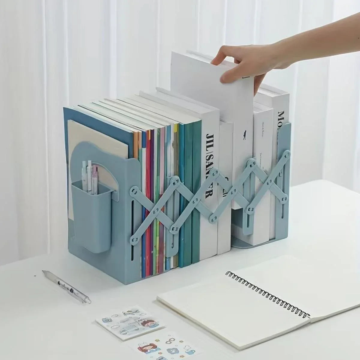 Retractable Book Stand Desk Organizer Adjustable Storage Rack with Pen Holder - White - Mekamart Australia