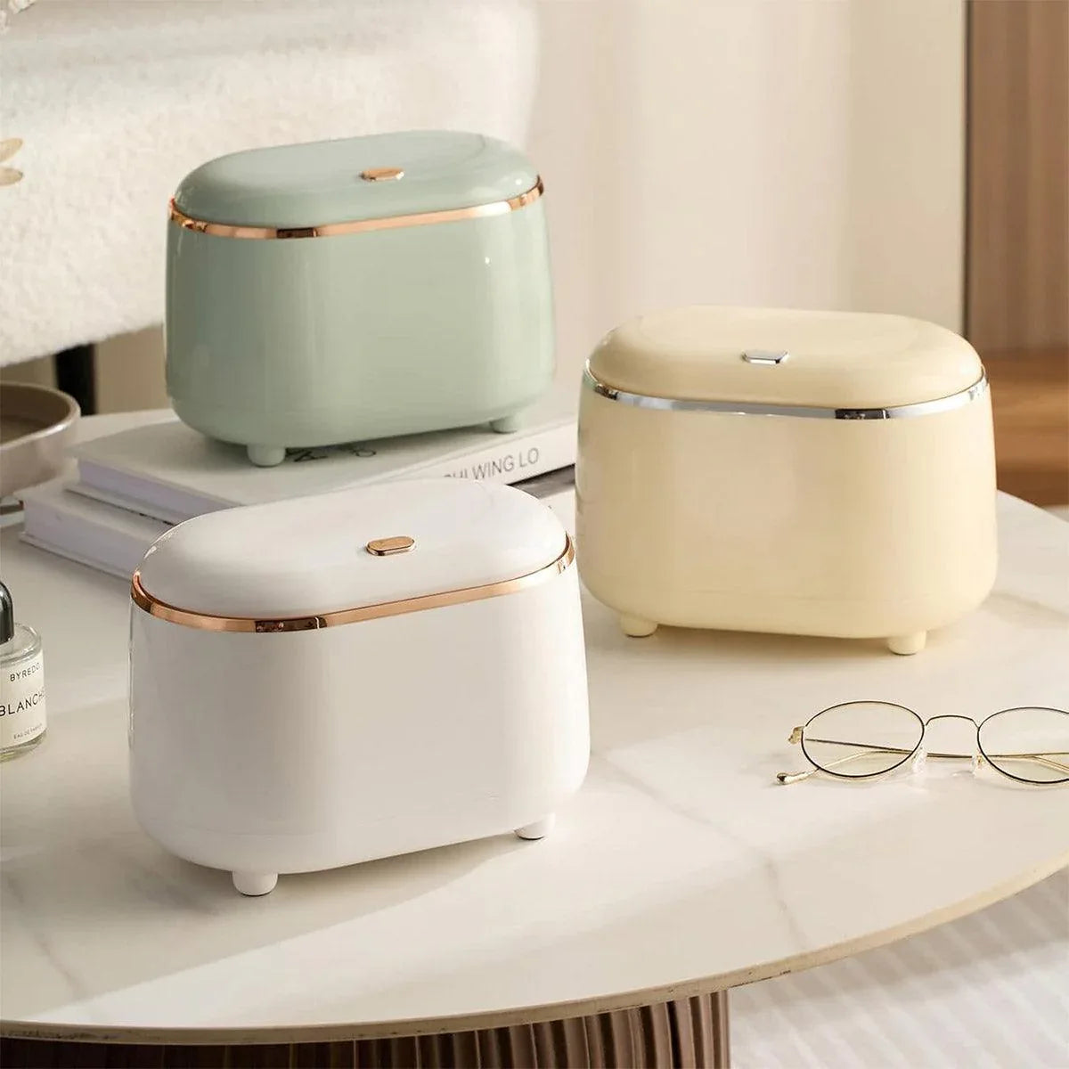 Small Desktop Trash Can Oval Pop Up Lid Rubbish Bin Waste Organizer Container - Green - Mekamart Australia