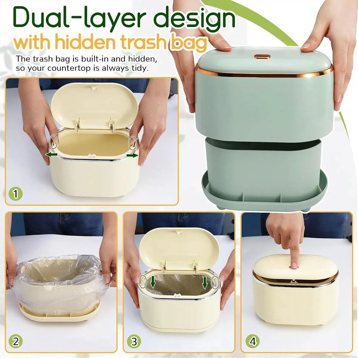 Small Desktop Trash Can Oval Pop Up Lid Rubbish Bin Waste Organizer Container - Green - Mekamart Australia