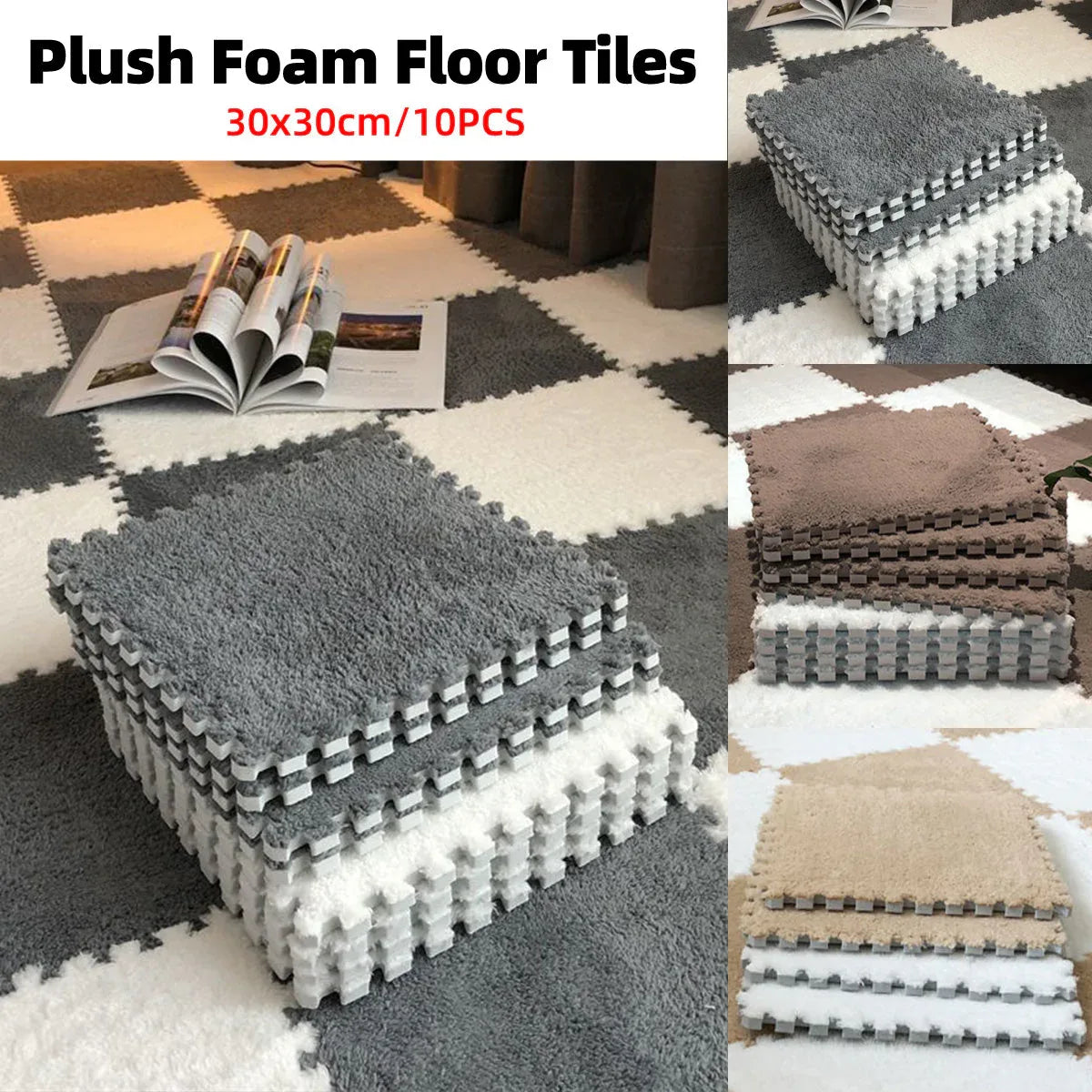 Foam Floor Mats Set 10PCS Shaggy Interlocking Tiles Soft for Kids Room Play Area - Grey-White - Mekamart Australia