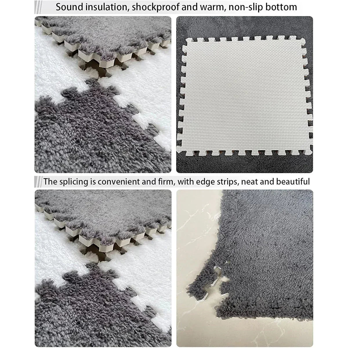Foam Floor Mats Set 10PCS Shaggy Interlocking Tiles Soft for Kids Room Play Area - Grey-White - Mekamart Australia