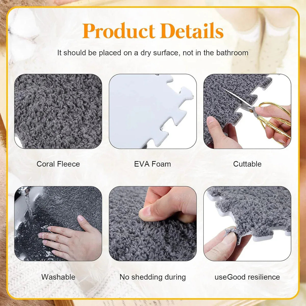 Foam Floor Mats Set 10PCS Shaggy Interlocking Tiles Soft for Kids Room Play Area - Camel-White - Mekamart Australia