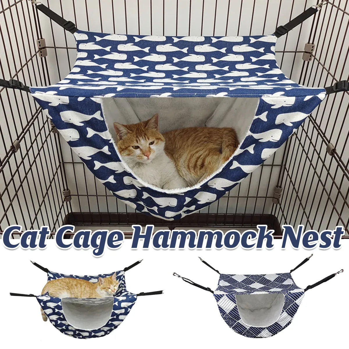 Cat Hammock Hanging Bed Cage Nest Soft Pet House Basket Cat Sleeping Supplies - Sea Blue Checkered - Mekamart Australia