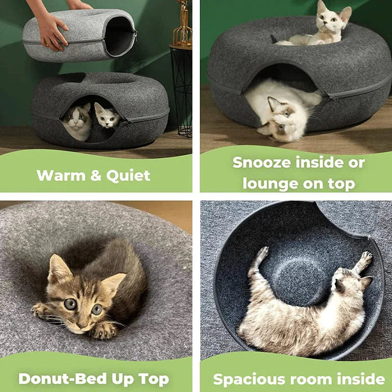 Felt Cat Tunnel Bed Donut Cave Nest for Kittens and Small Pets 50x30cm - Dark Grey - Mekamart Australia