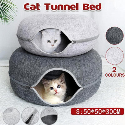 Felt Cat Tunnel Bed Donut Cave Nest for Kittens and Small Pets 50x30cm - Light Grey - Mekamart Australia