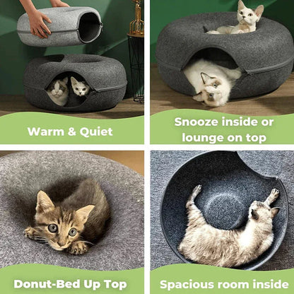Felt Cat Tunnel Bed Donut Cave Nest for Kittens and Small Pets 50x30cm - Light Grey - Mekamart Australia