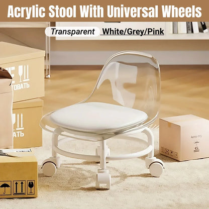 Stool with Universal Wheels Pulley Short Stool with Backrest Comfortable Seat - Pink - Mekamart Australia
