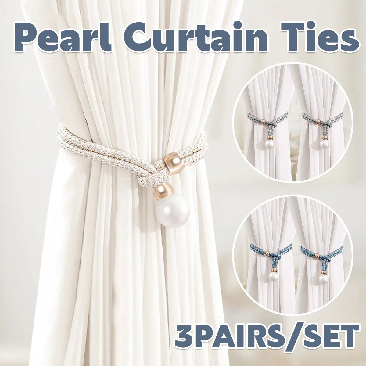 Curtain Tiebacks Pearl Strap Set 3 Pairs Decorative Buckle Holder Rings Hooks - White - Mekamart Australia