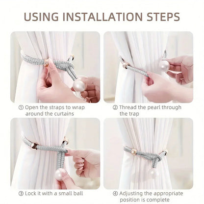 Curtain Tiebacks Pearl Strap Set 3 Pairs Decorative Buckle Holder Rings Hooks - White - Mekamart Australia
