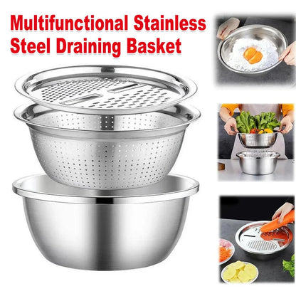Multifunctional 201 Stainless Steel Basin 3 in 1 Colanders Basin Mixing Bowl Set - Mekamart Australia