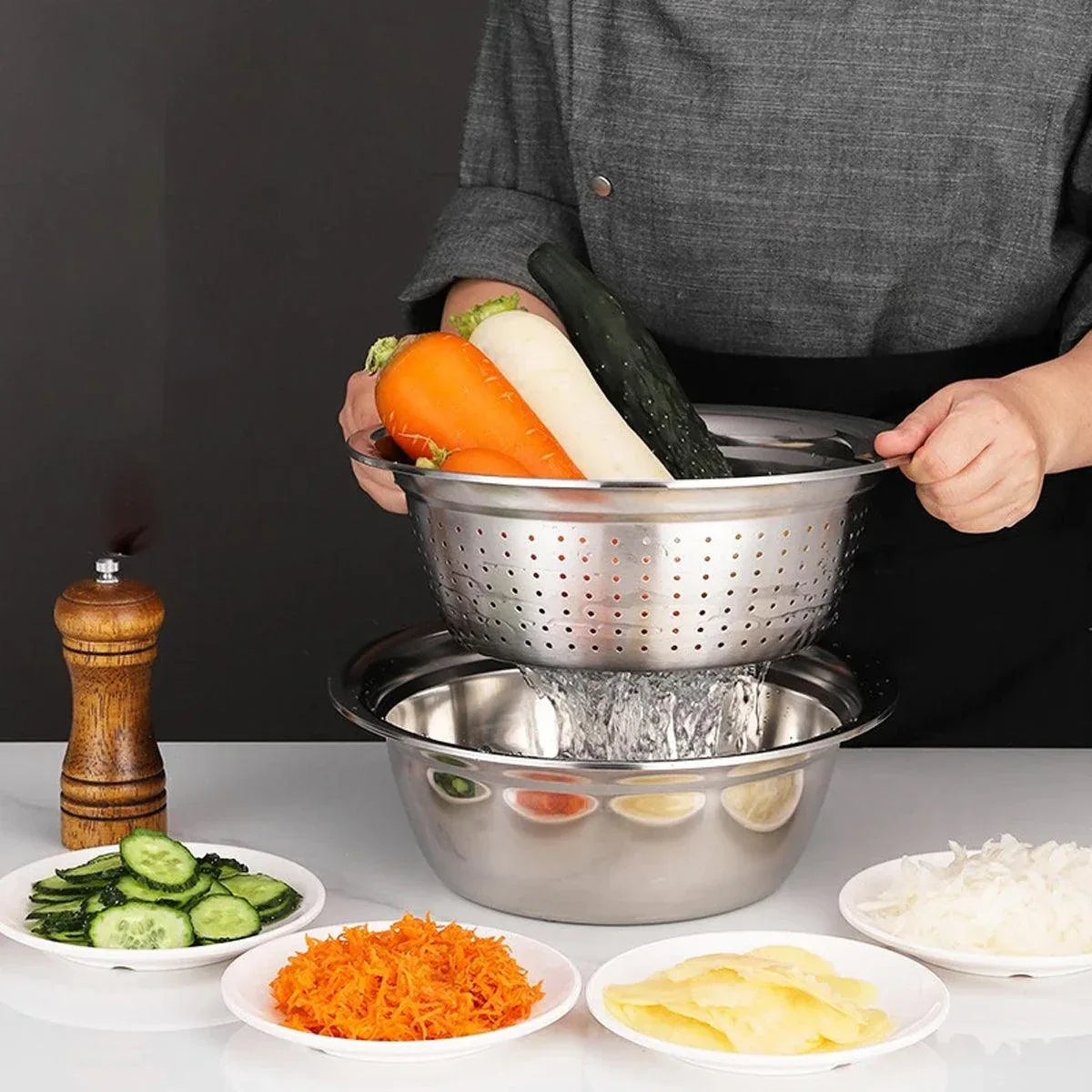 Multifunctional 201 Stainless Steel Basin 3 in 1 Colanders Basin Mixing Bowl Set - Mekamart Australia