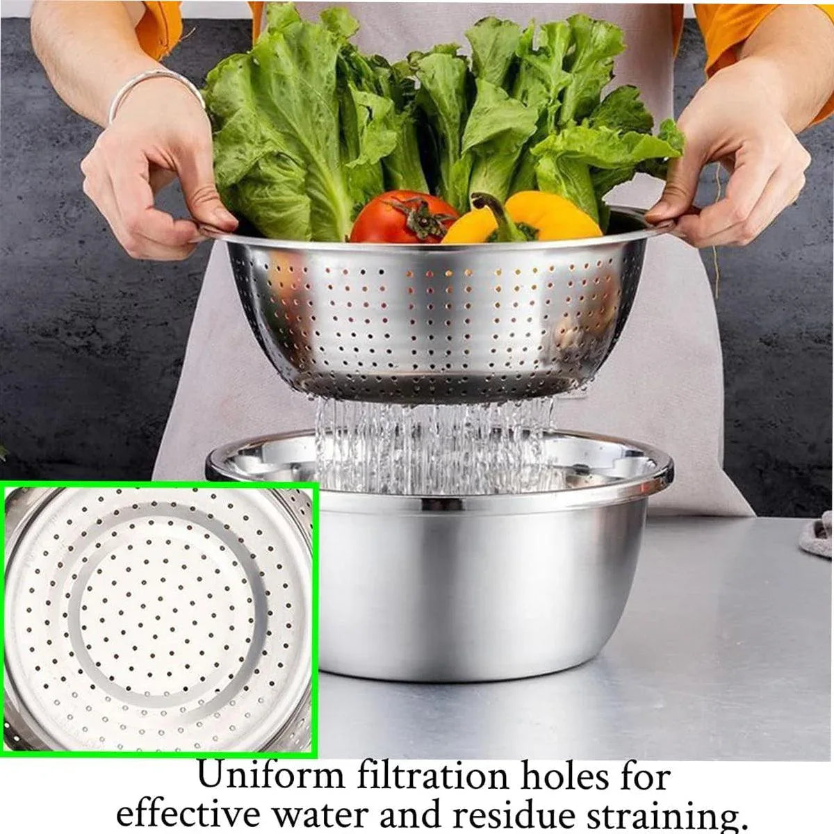 Multifunctional 201 Stainless Steel Basin 3 in 1 Colanders Basin Mixing Bowl Set - Mekamart Australia
