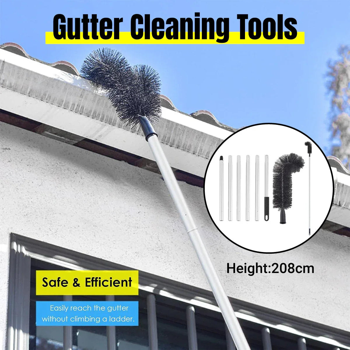 Gutter Cleaning Brush Roofing Tool with Pole 208cm for Long Splicing Gutter - Mekamart Australia