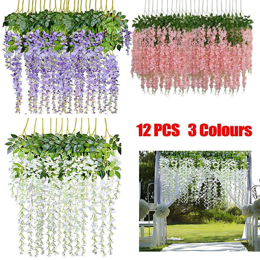 12X Artificial Silk Fake Flower Garland Vine Wisteria Leaf Hanging Wedding Decor - Purple - Mekamart Australia