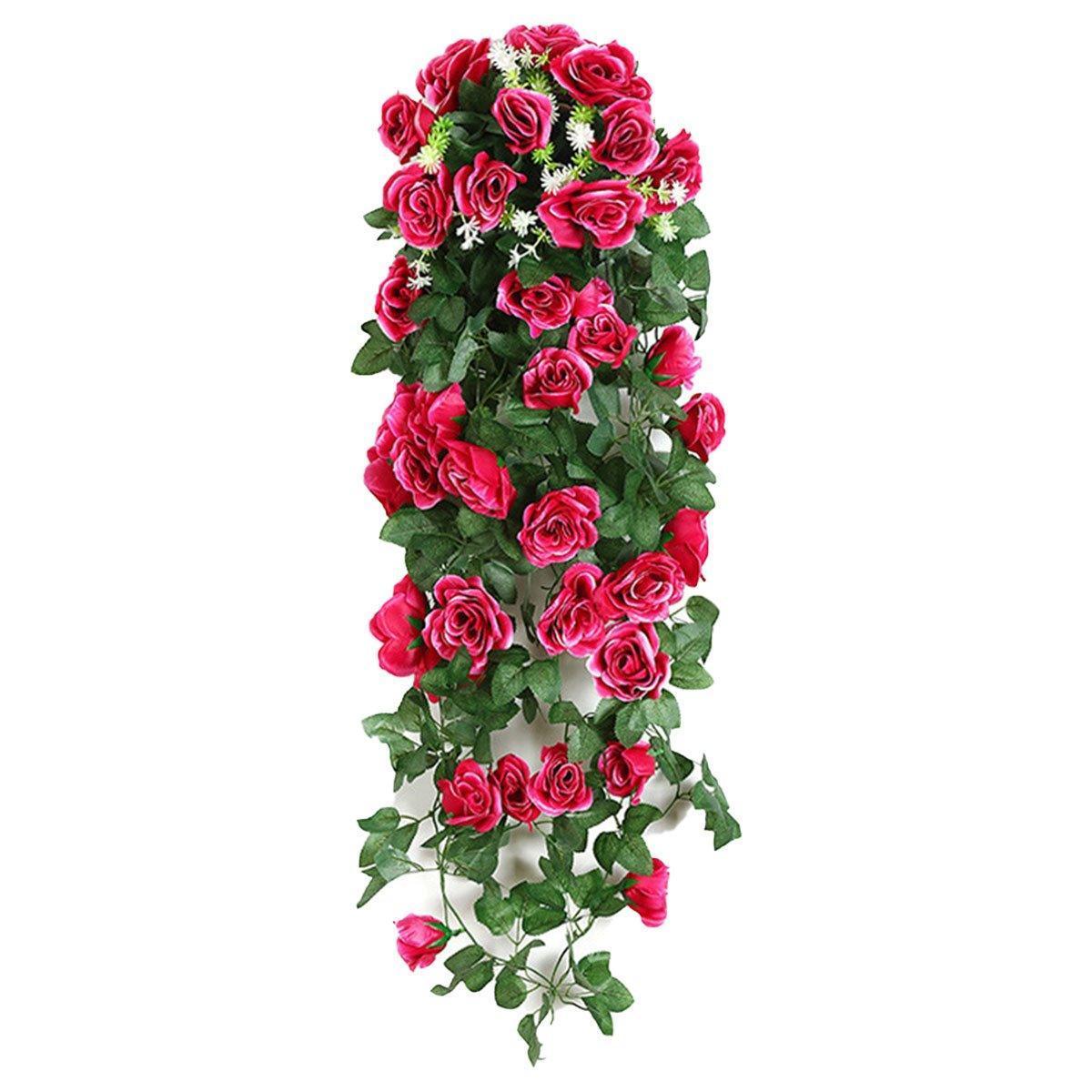 2PCS Artificial Rose Flower Garland Hanging Vine Home Wall Decor Fake Rattan - Red - Mekamart Australia