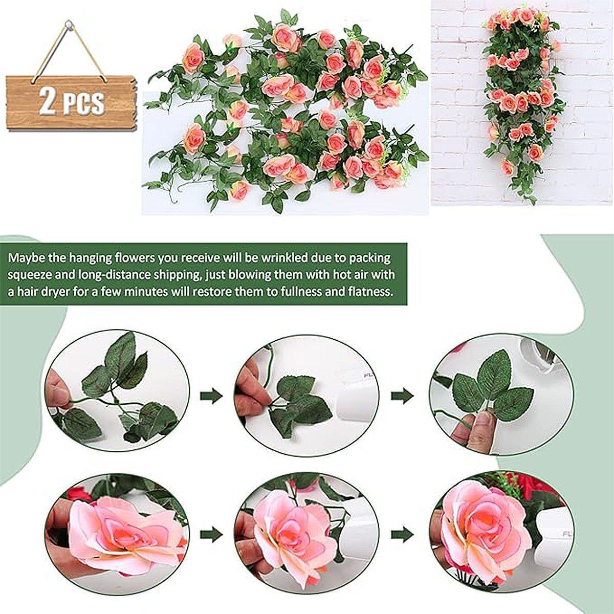 2PCS Artificial Rose Flower Garland Hanging Vine Home Wall Decor Fake Rattan - White - Mekamart Australia