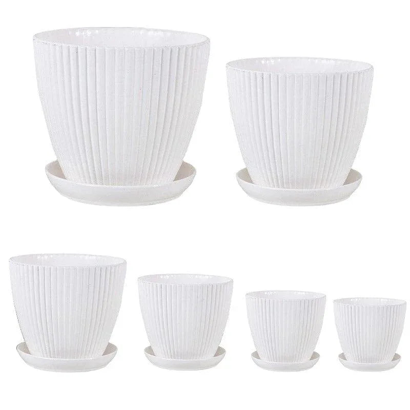 6PCS Simple Plastic Round Plant Pots Vertical Stripes Flower Pot Green Gardening - Green - Mekamart Australia