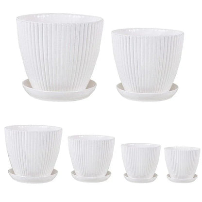 6PCS Simple Plastic Round Plant Pots Vertical Stripes Flower Pot Green Gardening - Green - Mekamart Australia