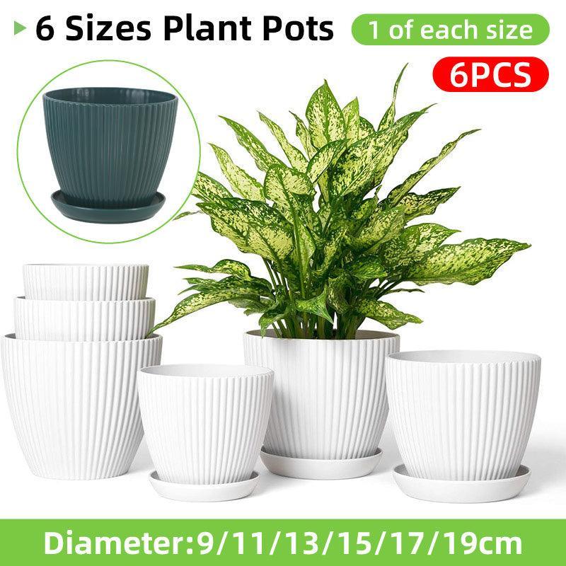 6PCS Simple Plastic Round Plant Pots Vertical Stripes Flower Pot Green Gardening - White - Mekamart Australia