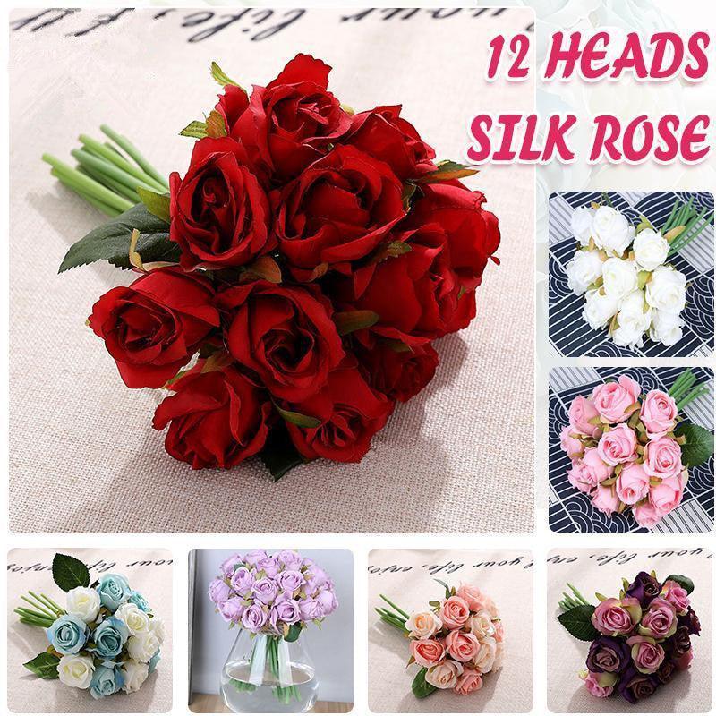12 Heads Silk Rose Artificial Flowers Fake Bouquet - White+blue - Mekamart Australia